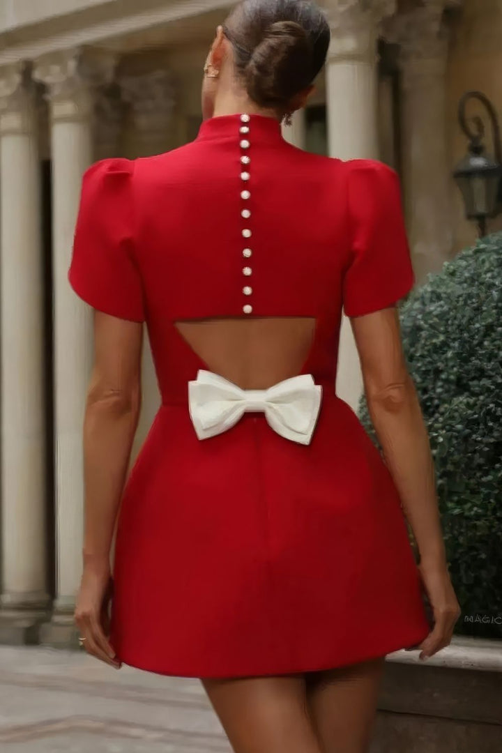 Robe Invitée au Mariage Rouge Courte à Nœud Blanc